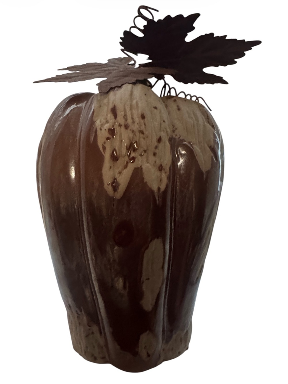Pier 1 Vintage Ceramic Pumpkin Sculpture - Brown and Cream Decorative Accent EVC